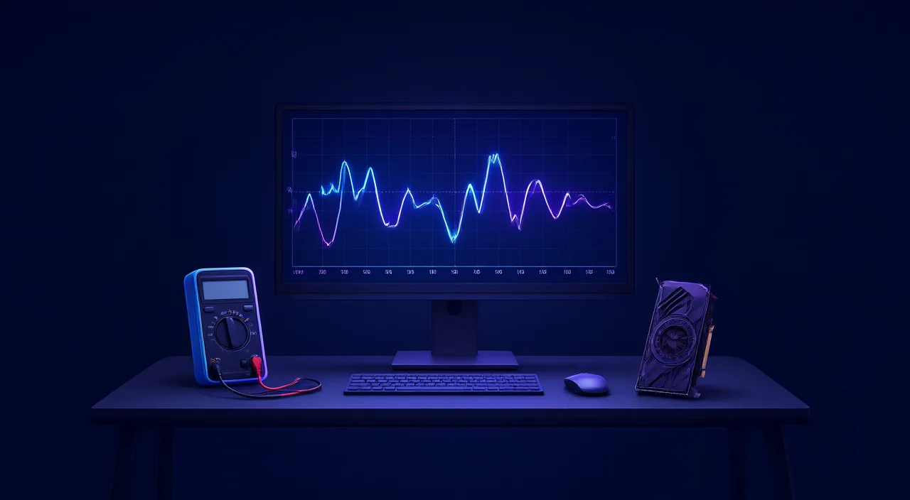 Illustration of an electronics test bench with oscilloscope and graphics card