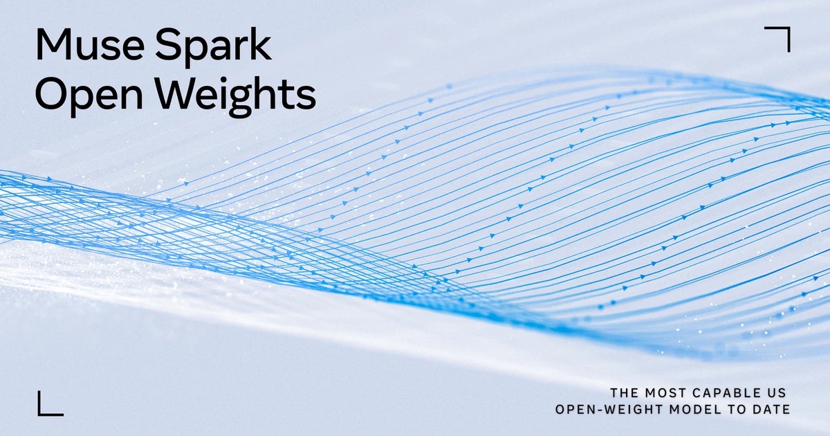 Muse Spark Open Weights घोषणा ग्राफ़िक – नीले fiber-जैसे तने हुए धागों के ऊपर सफ़ेद कार्ड पर Muse Spark Open Weights शीर्षक