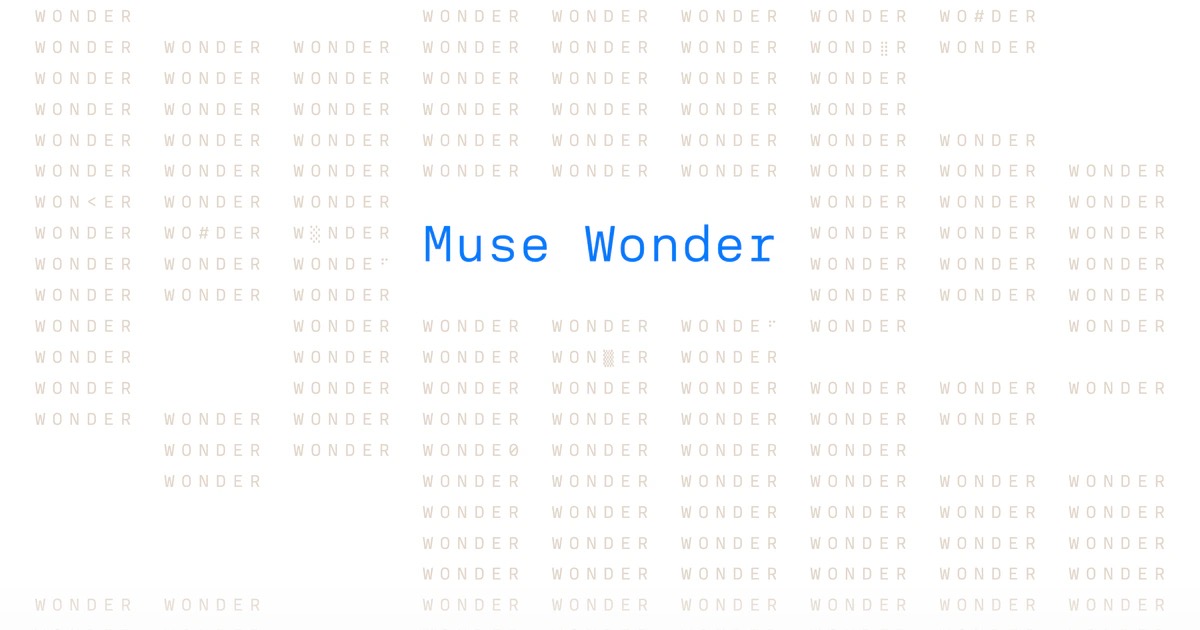 Muse Wonder அறிவிப்பு கிராஃபிக் – வெளிறிய Wonder சொல் முறையின் மீது நீல Muse Wonder தலைப்பு