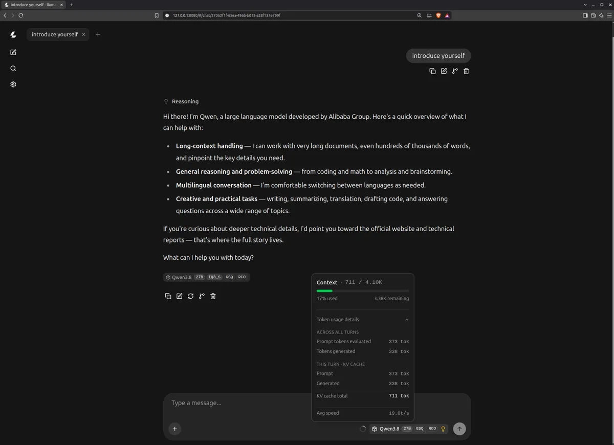 llama.cpp chat UI showing the IQ3_S model introducing itself with 711 of 4.10K context used at 17 percent and average speed 19.0 tokens per second