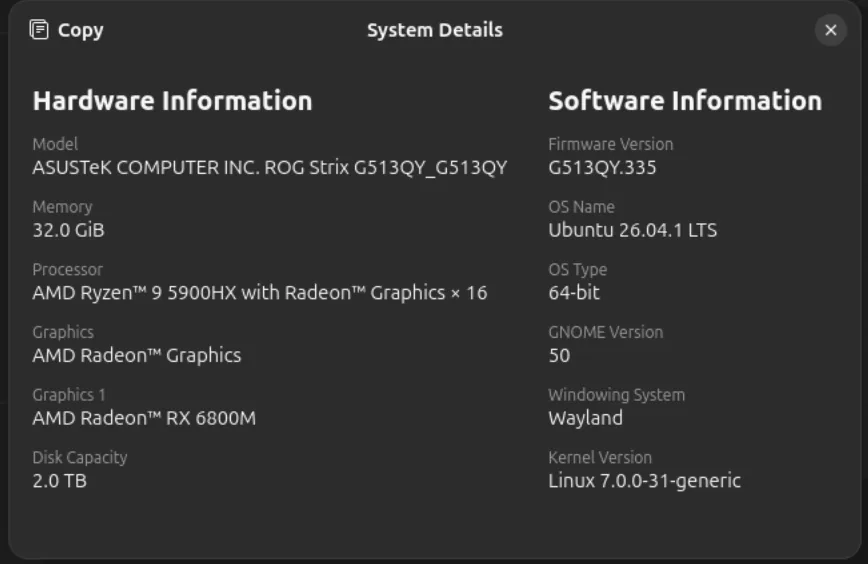 System details panel showing ASUS ROG Strix G513QY, Ryzen 9 5900HX, 32 GB RAM and AMD Radeon RX 6800M on Ubuntu 26.04